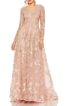 Mac Duggal Embellished Long Sleeve V Neck A Line Gown In Dusty Rose