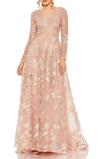 Mac Duggal Embellished Long Sleeve V Neck A Line Gown In Dusty Rose