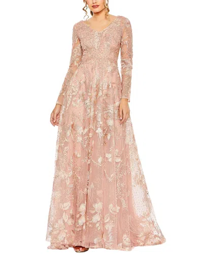 Mac Duggal Embellished Long Sleeve V Neck A Line Gown In Neutral