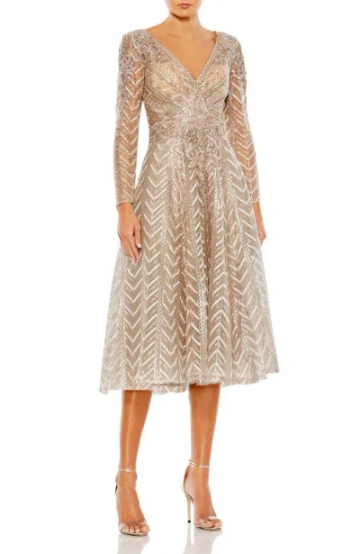 Mac Duggal Embellished Long Sleeve Wrap Over Dress In Neutral