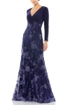 Mac Duggal Embellished Long Sleeve Wrap Over Trumpet Gown In Midnight