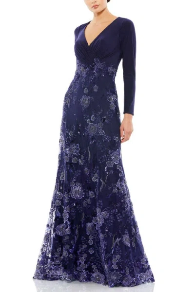 Mac Duggal Embellished Long Sleeve Wrap Over Trumpet Gown In Midnight