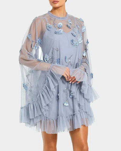 Mac Duggal Embellished Mesh A-line Dress With Flared Long Sleeves In Blue