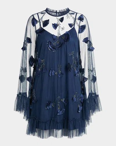 Mac Duggal Embellished Mesh A-line Mini Dress In Blue