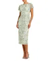 Mac Duggal Embellished Mesh Fitted Short Sleeve Midi Dress In Green