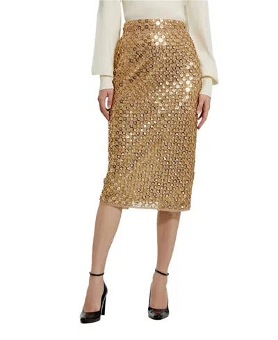MAC DUGGAL EMBELLISHED MESH FITTED MIDI PENCIL SKIRT