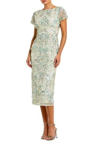 Mac Duggal Embellished Mesh Fitted Short Sleeve Midi Dress In Sage