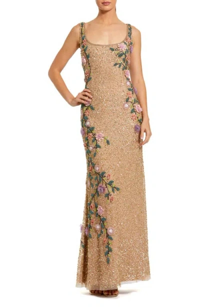 Mac Duggal Embellished Mesh Gown With Scoop Neck And Floral Beading In Multi