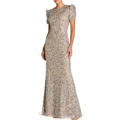 Mac Duggal Embellished Mesh High-neck Short Sleeve Gown In Neutral