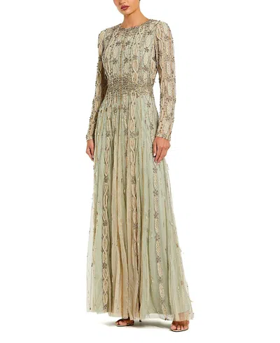 Mac Duggal Embellished Mesh Long Sleeve A Line Gown In Green