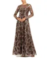 Mac Duggal Embellished Mesh Long Sleeve High Neck Gown In Brown