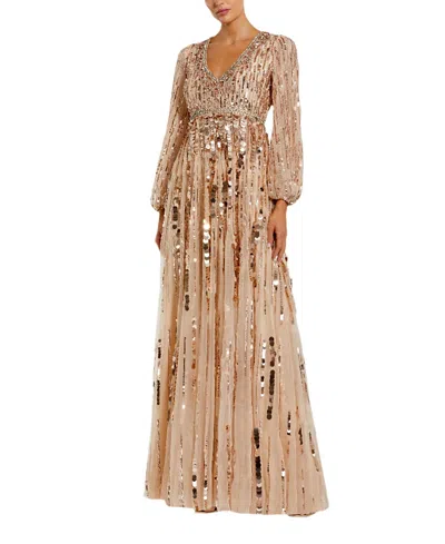 Mac Duggal Embellished Mesh Long Sleeve V Neck Gown In Neutral