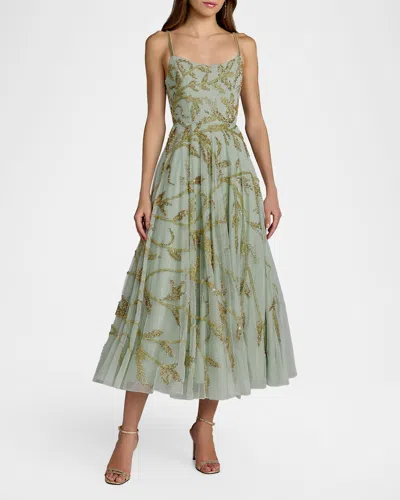 Mac Duggal Embellished Mesh Midi-dress In Green