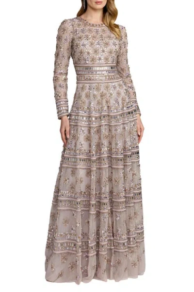 Mac Duggal Embellished Mesh Sheer Long Sleeve A Line Gown In Gray