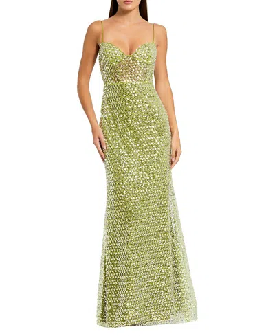 Mac Duggal Embellished Mesh Sleeveless Bustier Gown In Green