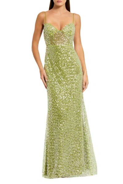Mac Duggal Embellished Mesh Sleeveless Bustier Gown In Green