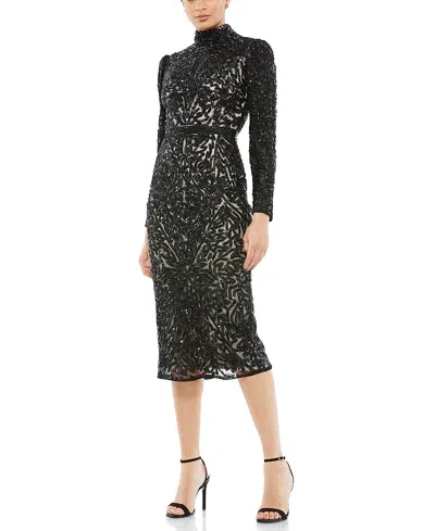 Mac Duggal Embellished Mock Neck Long Sleeve Dress In Black