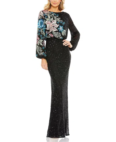 Mac Duggal Embellished Multi Color Floral High Neck Gown In Black