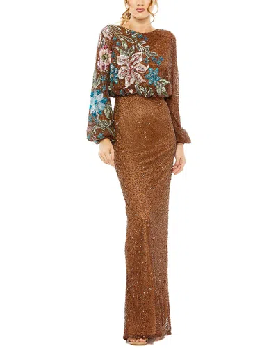 Mac Duggal Embellished Multi Color Floral High Neck Gown In Brown