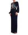 Mac Duggal Embellished Multi Color Floral High Neck Gown In Midnight