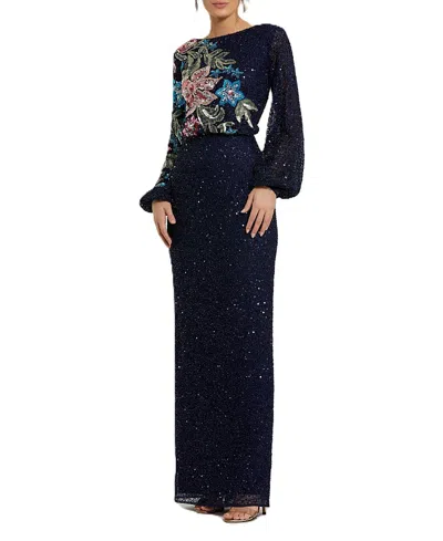 Mac Duggal Embellished Multi Color Floral High Neck Gown In Midnight