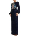 Mac Duggal Embellished Multi Color Floral High Neck Gown In Midnight