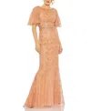 Mac Duggal Embellished Neck Butterfly Sleeve Trumpet Gown In Cinnamon