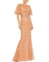 Mac Duggal Embellished Neck Butterfly Sleeve Trumpet Gown In Neutral