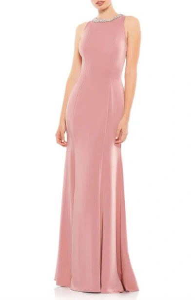 Mac Duggal Embellished Neck Trumpet Gown In Rose Pink
