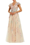 Mac Duggal Embellished Net Wrap Flutter Sleeve Gown In Neutral