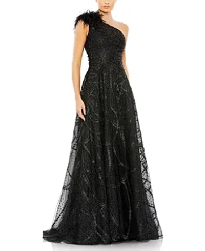 MAC DUGGAL EMBELLISHED ONE SHOULDER A LINE GOWN