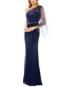 Mac Duggal Beaded One-shoulder Sheath Gown In Blue
