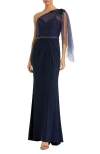 Mac Duggal Beaded One-shoulder Sheath Gown In Navy
