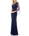 Mac Duggal Beaded One-shoulder Sheath Gown In Navy