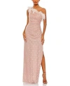 Mac Duggal Embellished One Shoulder Feathered Gown In Rose