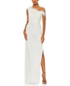 Mac Duggal One-shoulder Floral Sequin Feather Trim Sheath Gown In White
