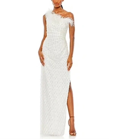 Mac Duggal Embellished One Shoulder Feathered Gown In White