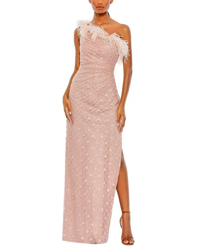 Mac Duggal Embellished One Shoulder Gown W/ Ostrich Feathers In Pink