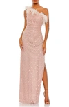 Mac Duggal Embellished One Shoulder Feathered Gown In Rose