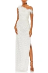 Mac Duggal Embellished One Shoulder Ostrich Feather Detail Gown In White