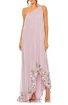 Mac Duggal One Shoulder Trapeze Embellished High Low Gown In Orchid Multi