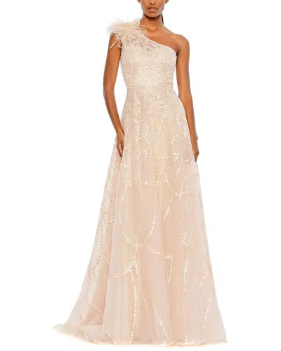 Mac Duggal Embellished One-shoulder A-line Gown In Peach