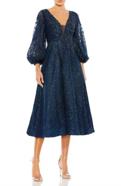 Mac Duggal Embellished Plunge Neck Bishop Sleeve Dress In Midnight