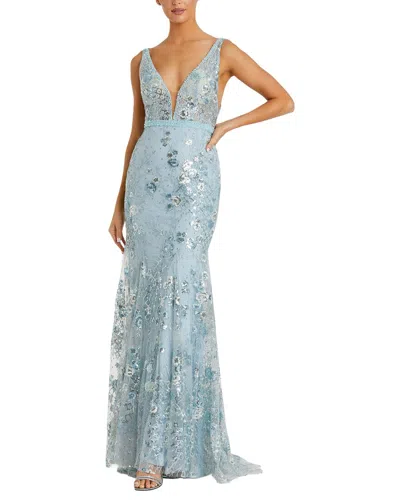 Mac Duggal Floral Embellished Sleeveless Plunge Neck Gown In Blue
