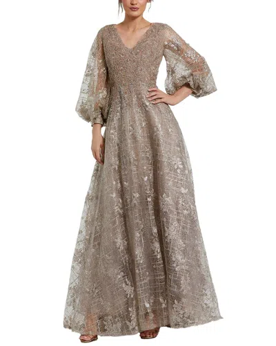 Mac Duggal Embellished Plunge Neck Puff Sleeve A-line Gown In Mocha
