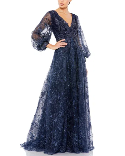 MAC DUGGAL EMBELLISHED PLUNGE NECK PUFF SLEEVE A-LINE GOWN