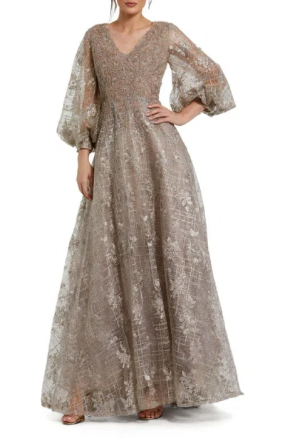 MAC DUGGAL MAC DUGGAL EMBELLISHED PLUNGE NECK PUFF SLEEVE A LINE GOWN