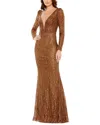 Mac Duggal Embellished Long Sleeve Plunge Trumpet Gown In Bronze In Brown