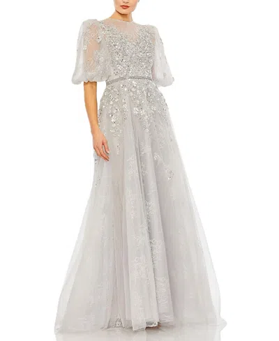 MAC DUGGAL EMBELLISHED PUFF SLEEVE A LINE GOWN