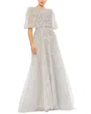 Mac Duggal Embellished Puff Sleeve A-line Gown In Silver